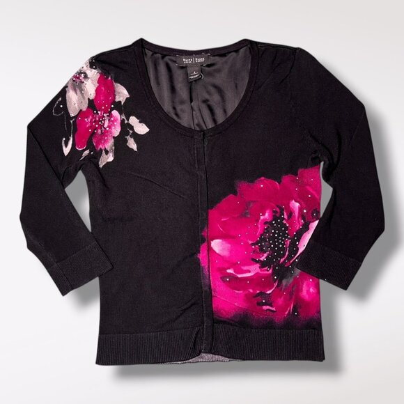 White House Black Market Cardigan Sweater Pink Floral Print 3/4 Sleeve Small - Picture 9 of 10